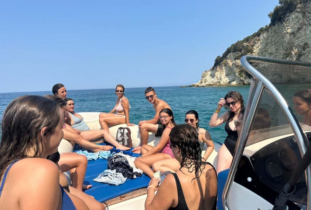 People enjoying a speed boat trip in Saranda, Albania